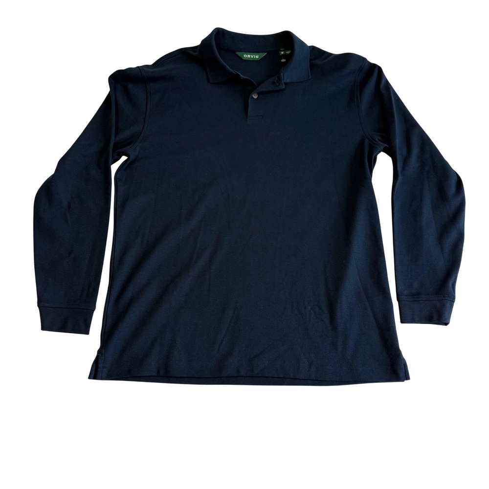 Orvis Long Sleeve Polo Shirt Mens Size M Navy Blue Cotton Blend Stretch #2TEM